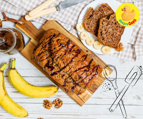 Chec cu banane (sau banana bread) cu nuci si bucati de ciocolata amaruie