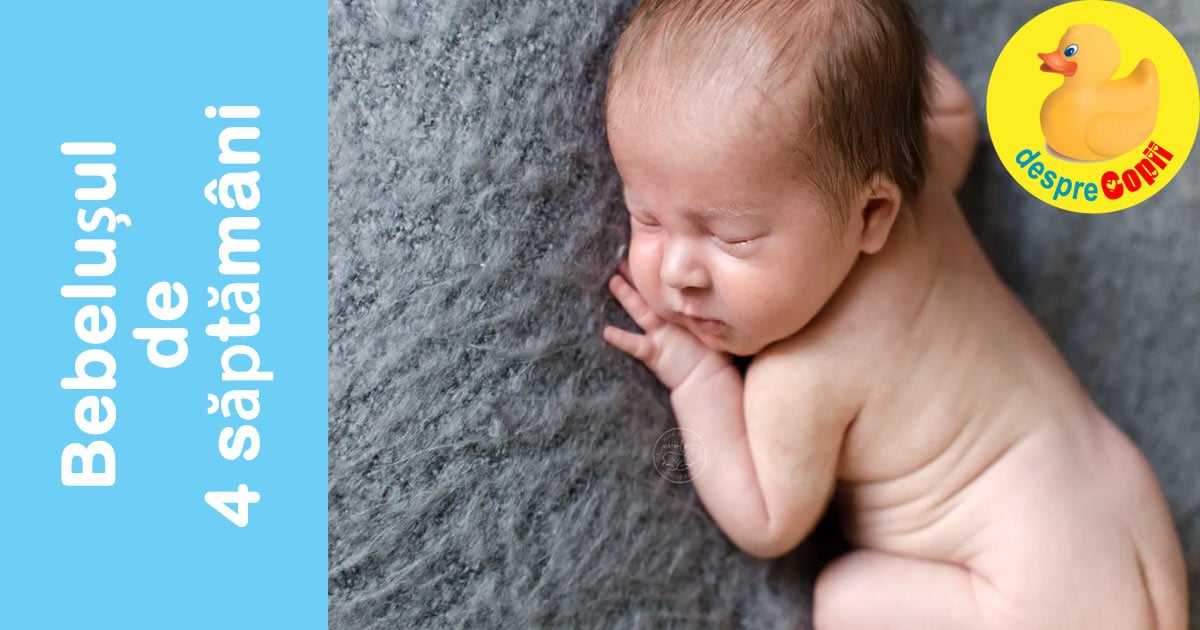 Bebelusul la 4 saptamani: te urmareste mai des cu privirea si poate iesi la aer in sling