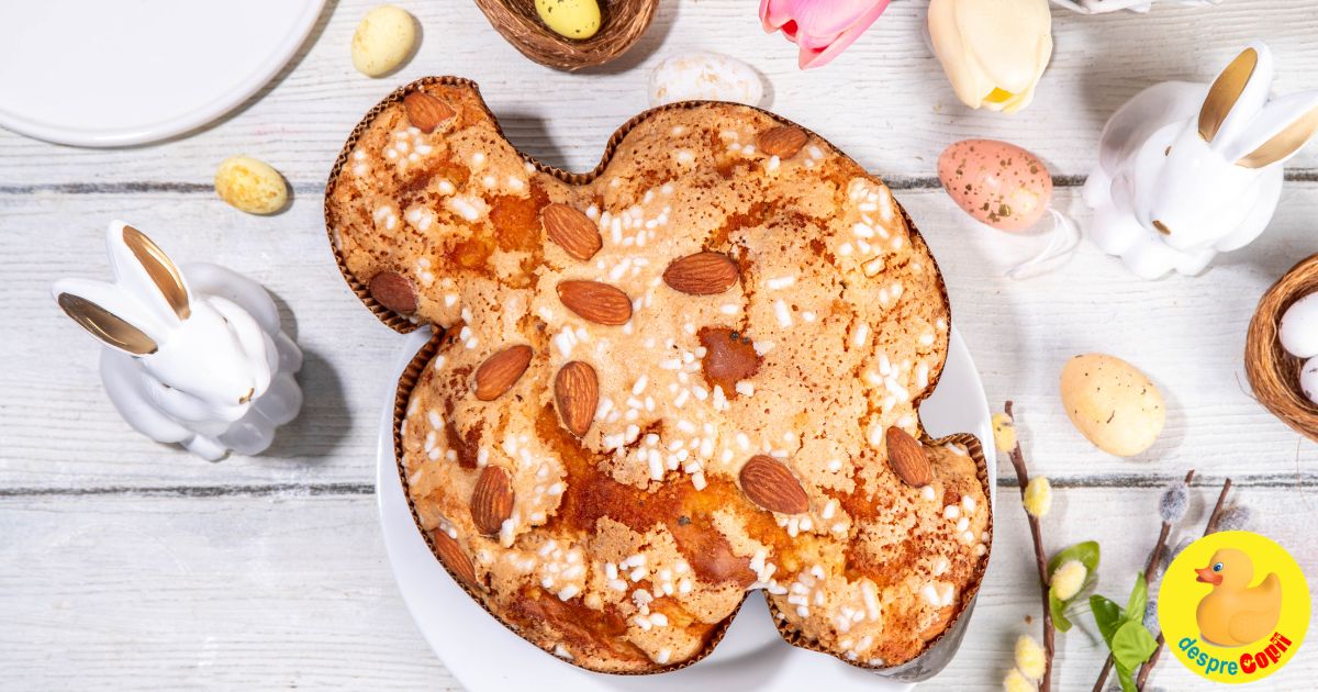 Colomba di Pasqua sau painea porumbel de Paste, cu stafide si portocala confiata