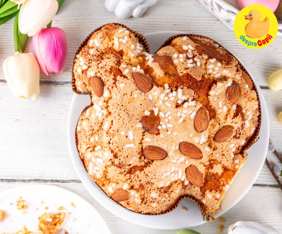 Colomba di Pasqua sau painea porumbel de Paste, cu stafide si portocala confiata