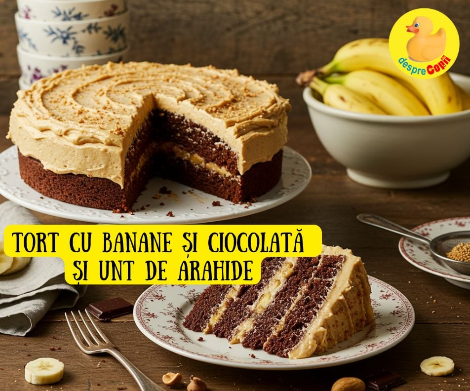 Tort cu banane, unt de arahide si ciocolata - un desert sanatos si hranitor pentru intreaga familie